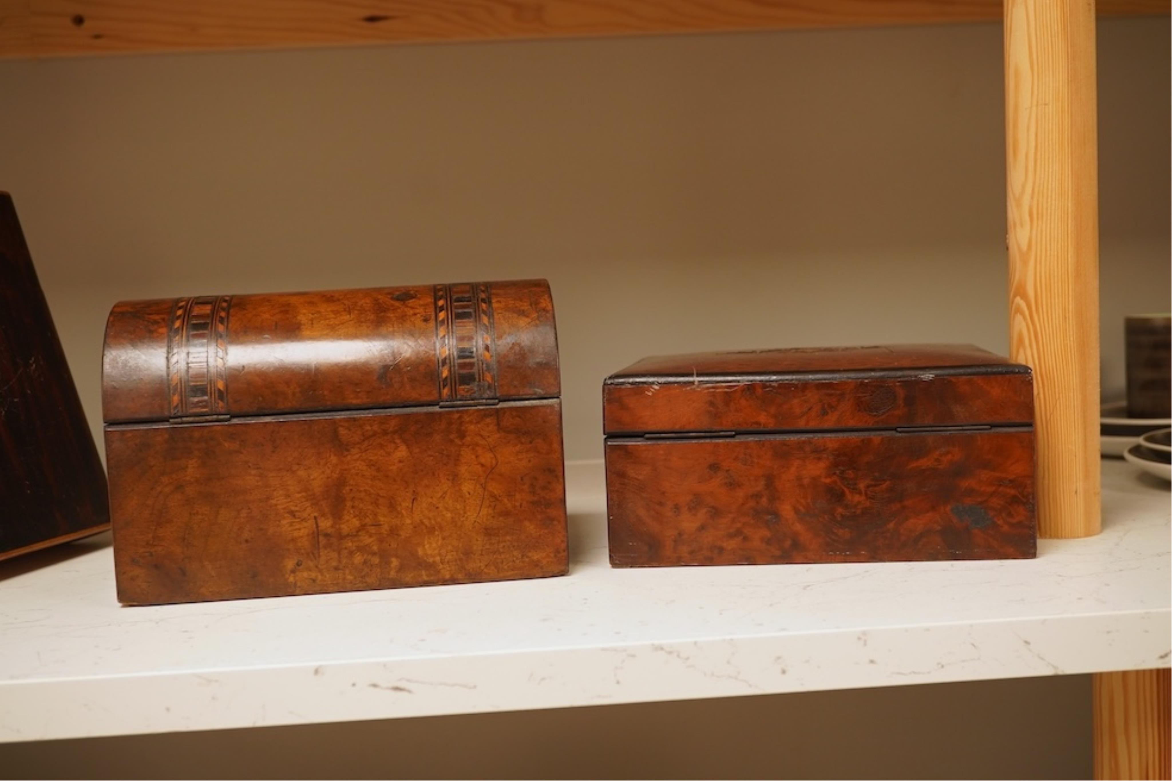 A 19th century French thuya box, Victorian tea caddy and an Art Nouveau book-shaped box, largest 20cm high